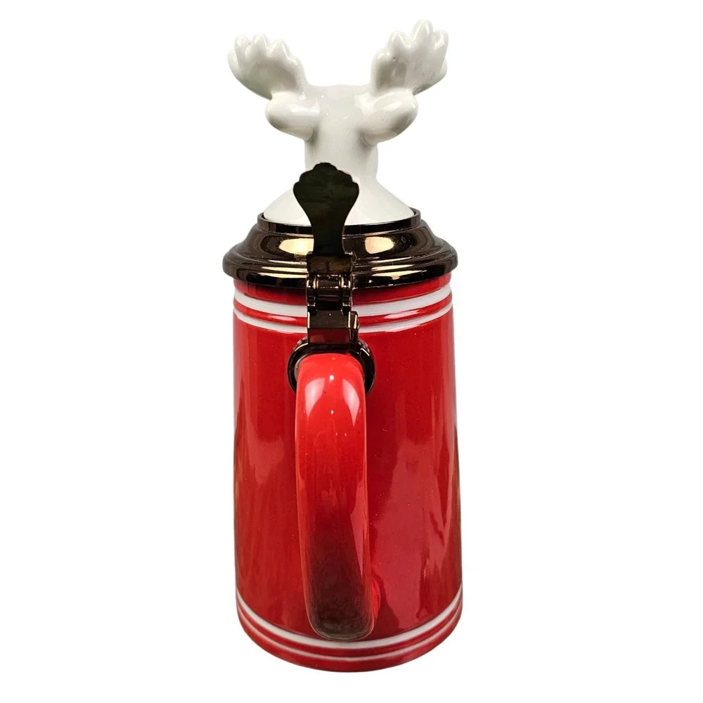 Threshold Red Stoneware Beer Stein with White Moose‎ Head Hinged Lid 9.5 Inch